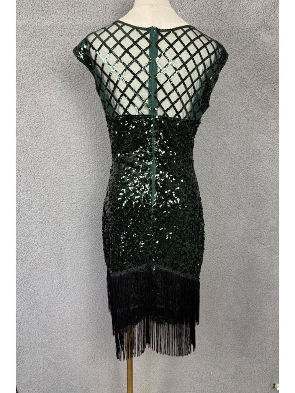 Green Sequin Fringe Flapper Dress Mesh Neckline 1920s Style Dress Small NWOT's - Picture 5 of 8